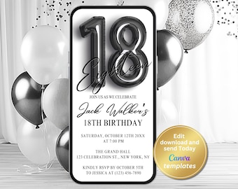 Digitale Partyeinladung zum 18. Geburtstag - Minimalistisches bearbeitbares Evite für Jungen oder Mädchen | Instant Download, schwarz und weiß modernes Design