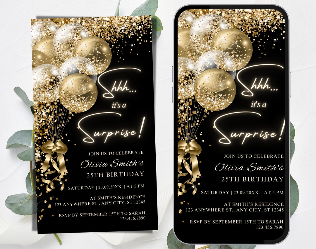 Editable Black Gold Surprise Birthday Party Invitation Gold - Etsy
