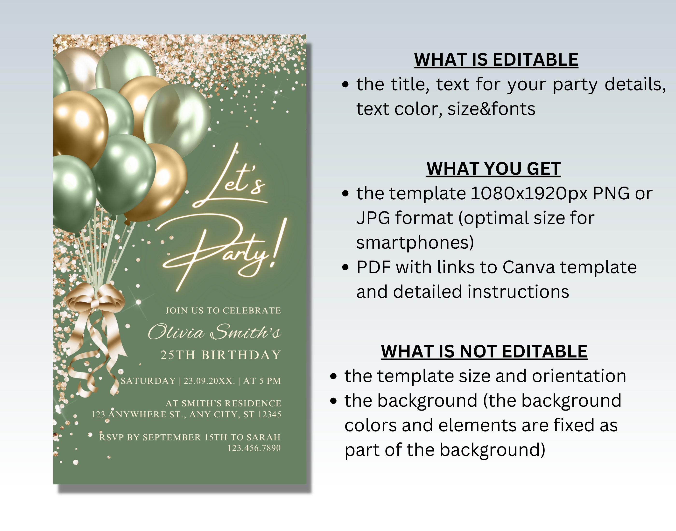 Digital Sage Green Birthday Party Invitation Sage Green Gold - Etsy