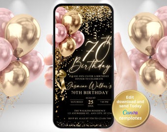 Digital 70th Birthday Dinner Invitation – Gold & Pink Balloons – Customizable Digital Invite for All Ages - Instant Download