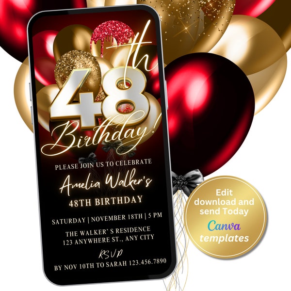 Digital 48th Birthday Party Invitation for Women, Red Gold Invite, Phone Text Message, Digital Invite, Editable Template, Instant Download