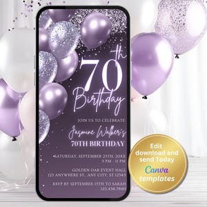 Pastel Purple 70th Birthday Invitation for Women – Editable for Any Age – Canva Template – Digital Download – Text Message