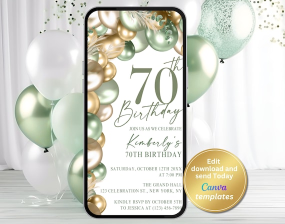 Digital 70th Birthday Party Invitation - Elegant Sage Green and Gold Template - Editable Milestone Birthday Invite - Instant Download