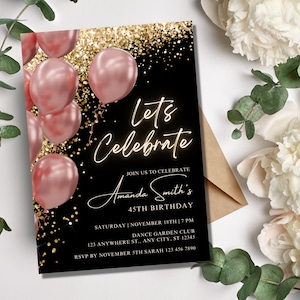 Editable Black Rose Gold Birthday Party Invitation, Printable 5x7 Invitation Template, Evite, Editable Template, Instant Download
