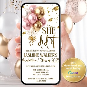 Sie hat es geschafft Abschlussfeier Einladung - Rosa und Gold bearbeitbare bestanden Einladung für Sie - Klasse von 2025 Digitaler Download - Elegantes Design