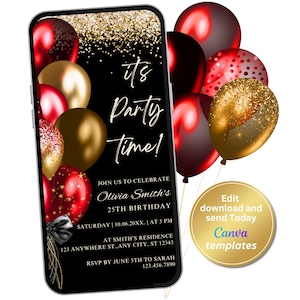 Digital Black Red Birthday Party Invitation, Red Gold, Phone Text Message Evite, Editable Template, Instant Download