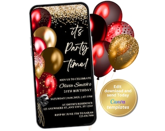 Digital Black Red Birthday Party Invitation, Red Gold, Phone Text Message Evite, Editable Template, Instant Download
