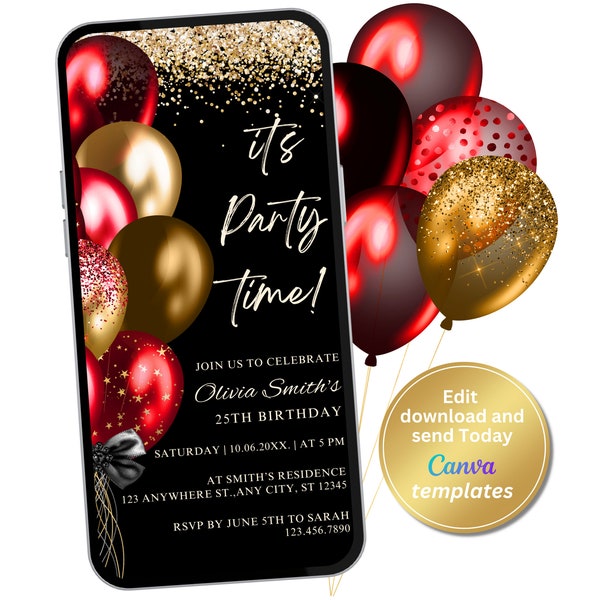 Digital Black Red Birthday Party Invitation, Red Gold, Phone Text Message Evite, Editable Template, Instant Download