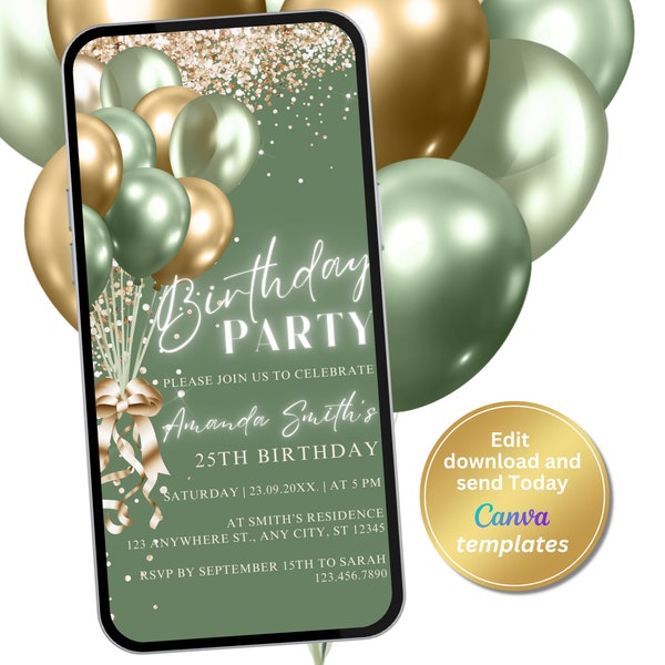 Digital Sage Green Gold Birthday Party Invitation, Electronic Invite, Phone Text Message Evite, Editable Template, Instant Download