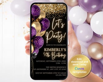 Elegant Purple and Gold Birthday Invitation Template, Editable Canva Invite