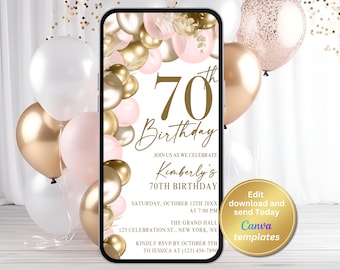 70th Birthday Invitation for Women - Blush Pink & Gold Digital Invite - Editable Milestone Birthday Template, Instant Download