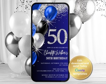 Invitación de cumpleaños número 50 en azul real, plantilla editable de Canva.