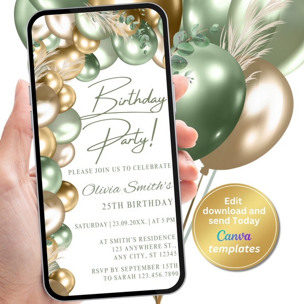 Digital Sage Green White Birthday Party Invitation, Sage Green Gold, Phone Text Message Evite, Editable Template, Instant Download
