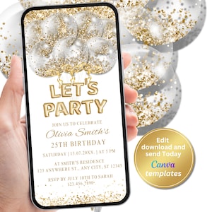 Digital Gold White Birthday Party Invitation, White Gold Balloons, Phone Text Message Evite, Editable Template, Instant Download