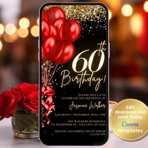 Digital Women&#39;s 60th Birthday Party Invite - Red and Gold Design - Editable for Any Age - Birthday Party Invite, Instant Download
