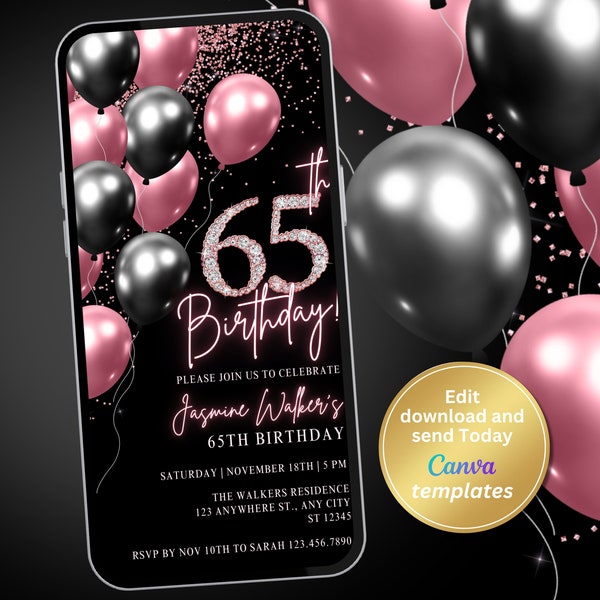 Faire-part numérique pour fête d'anniversaire de 65 ans pour femme, invitation en or rose, message texte par téléphone, invitation numérique, modèle modifiable, téléchargement immédiat