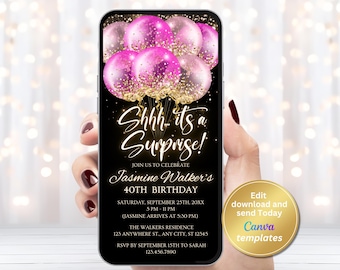Digital Black Hot Pink Surprise Birthday Invitation, Shhh Surprise Party Invite, Editable Canva Template