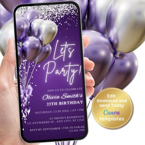 Digital Purple Birthday Party Invitation, Purple Silver Invite, Editable Template, Evite, Instant Download, Phone Evite, E-Invite