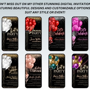 May include: Nine digital invitation templates for a birthday party. Each template features a black background with gold glitter, a gold frame, and a balloon bouquet. The text on the invitations includes "Let's Party", "Dinner Party", "Let's Celebrate", and "Shhh... It's a Surprise!"