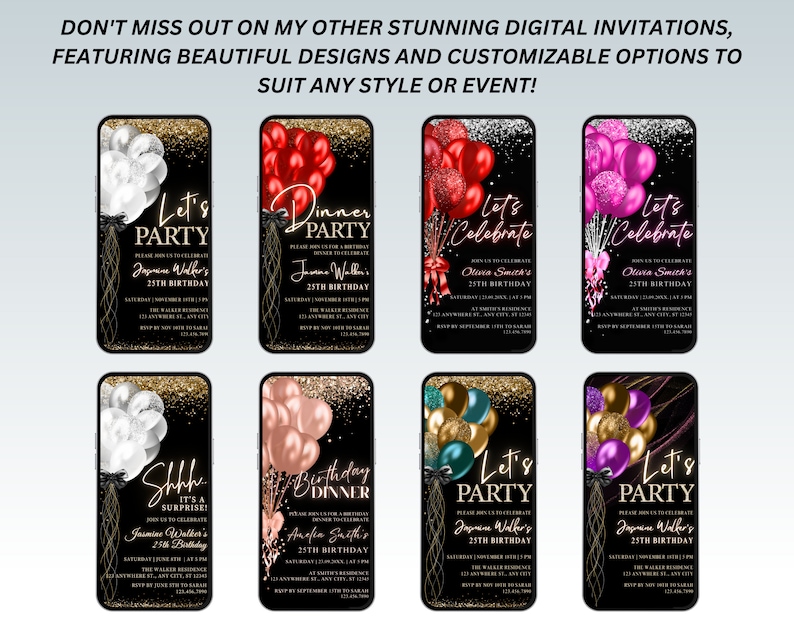 May include: Nine digital invitation templates for a birthday party. Each template features a black background with gold glitter, a gold frame, and a balloon bouquet. The text on the invitations includes "Let's Party", "Dinner Party", "Let's Celebrate", and "Shhh... It's a Surprise!"