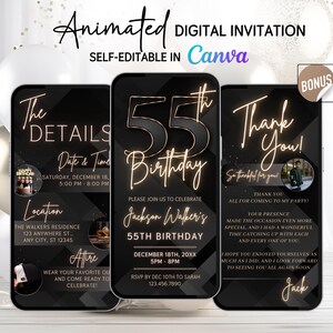 Animated 55th Birthday Video Invitation for Men – Black Gold Canva Template with Photo – Formal Dinner or Brunch – Bonus Thank You Card