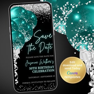 Digital Black Teal Save The Date Invitation, Teal Silver Glitter Balloons Invite, Text Message, Editable Template, Instant Download