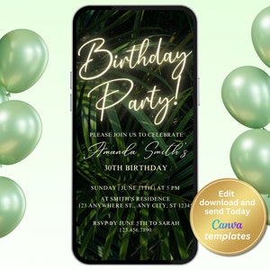 Invito digitale per festa di compleanno verde, invito verde, modello modificabile, qualsiasi età, Evite, download immediato, invito telefonico