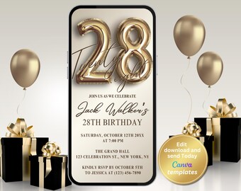 Minimalist 28th Birthday Invitation – Gold Foil Digital Invite for Men & Women | Editable Birthday Dinner, Brunch or Cocktail Party Evite