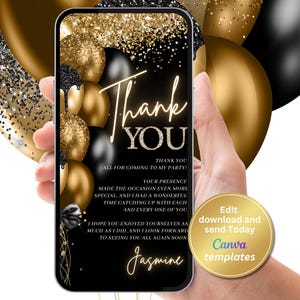 Biglietto di ringraziamento digitale in nero e oro per il compleanno, modello di ringraziamento elettronico, messaggio di testo, modello modificabile, download immediato