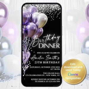 Digital Black Purple Birthday Dinner Invitation, Purple Balloons, Phone Text Message Evite, Editable Template, Instant Download