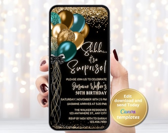 Editable Surprise Birthday Invitation, Shhh It’s a Surprise, Digital Party Invite, Instant Download