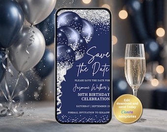 May include: A smartphone displaying a navy blue digital invitation with silver balloons and glitter accents. The text reads: Save the Date, please save the date for Jasmine Walker's 50th birthday celebration, Saturday, September 23, formal invitation to follow.
