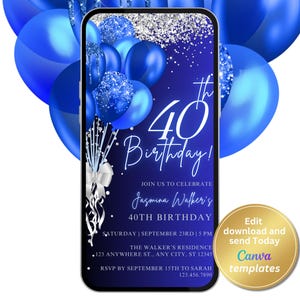 Convite digital para festa de 40 anos, azul royal, prata, mensagem de texto por telefone, modelo editável, download instantâneo