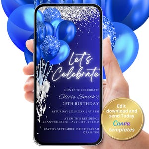 Digital Blue Silver Birthday Party Invitation, Blue Glitter Balloons, Editable Template, Evite, Instant Download, Phone Evite, E-Invite
