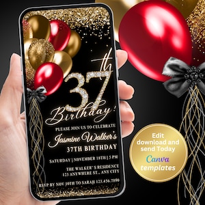 Digital 37th Birthday Party Invitation, Women Birthday Invite, Red Gold Invite, Diamond Invite, Editable Template, Instant Download
