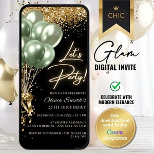Digitale saliegroene en gouden glitterverjaardagsuitnodiging – elegante uitnodiging voor feest en diner, direct downloaden, telefoonuitnodiging
