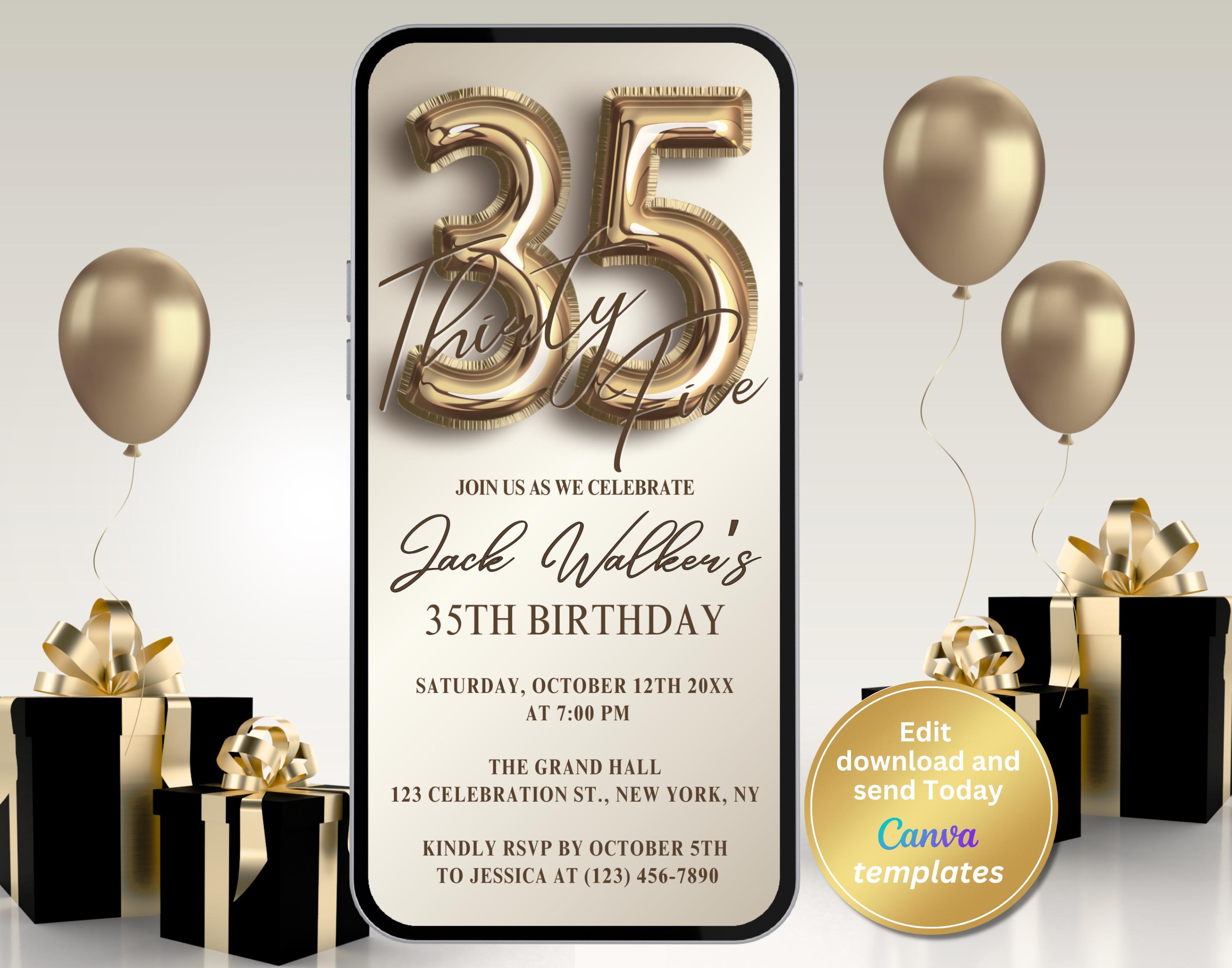 Minimalist 35th Birthday Invitation – Gold Foil Editable Digital Evite | 35th Party Invite for Men & Women – Brunch, Dinner, Cocktail Event