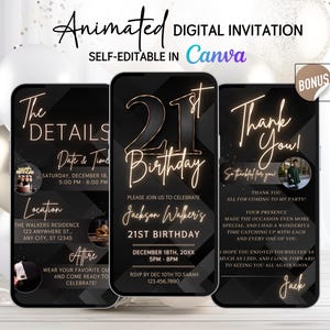 Convite animado de aniversário de 21 anos em vídeo para homens + cartão de agradecimento animado - convite digital editável, convite de aniversário para homens, formato MP4