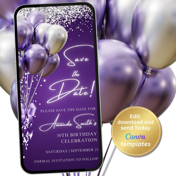 Digital Purple Save The Date Invitation, Purple Balloons, Phone Text Message Evite, Editable Template, Instant Download