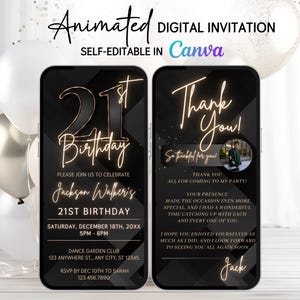 Animated 21st Birthday Invitation for Him – Editable Video Evite, Thank You Card – Digital 21st Party Invite – Instant Download