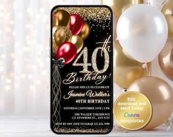 Editable 40th Birthday Party Invitation Template, Digital Download
