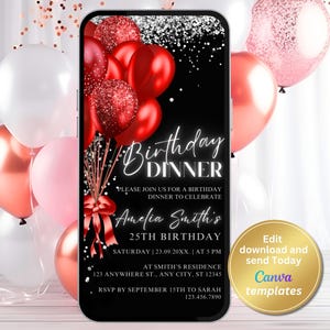 Digital Black and Red Birthday Dinner Invitation, Red Balloons, Phone Text Message Evite, Editable Template, Instant Download