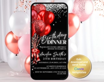 Digital Black and Red Birthday Dinner Invitation, Red Balloons, Phone Text Message Evite, Editable Template, Instant Download