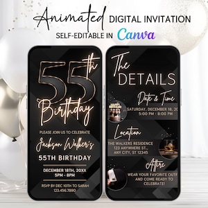 Animated 55th Birthday Video Invitation for Men – Black and Gold Editable Canva Template – Custom Video with Photo & Music Option