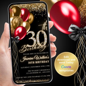 Invitación digital para fiesta de cumpleaños número 30, invitación de cumpleaños para mujeres, invitación en rojo y dorado, invitación en forma de diamante, plantilla editable, descarga instantánea