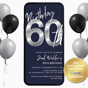 Bearbeitbare digitale Einladung zum 60. Geburtstag mit marineblauem Hintergrund – silberne Zahlen – Sofortiger Download – Party-Einladung für Männer