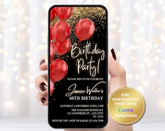 Red Gold Birthday Invitation Template, Digital Invite, Instant Download