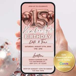 Invitación para fiesta de cumpleaños número 15 - Invitación digital en oro rosa - Plantilla editable para cumpleaños de niña - Invitación de descarga instantánea