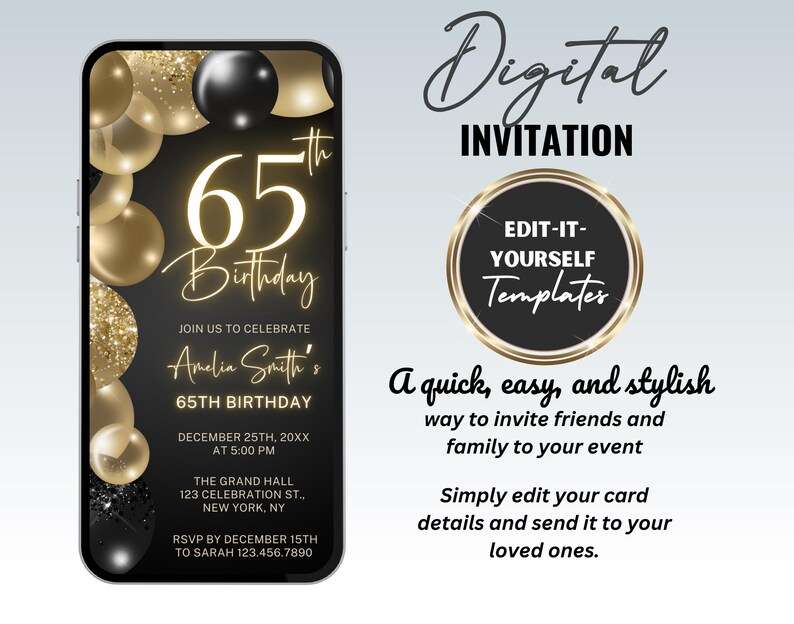Elegant 65th Birthday Invitation, Black & Gold Invite, Editable Phone ...