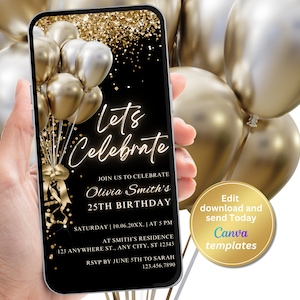 Digital Black Gold Birthday Party Invitation, Gold Balloons, Gold Glitter, Phone Text Message Evite, Editable Template, Instant Download